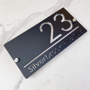 Plaque de numéro de maison en plein air, design suspendu plaque de numéro de maison personnalisée, plaque de nom de rue 3D découpée au laser acrylique moderne (noir et argent) (home decoration art, neuf)