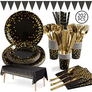 Aschef 202 Pcs Vaisselle Noir et Or Assiette Couvert Pas Cher Fourchette Couteau Cuill&egrave;re Tasse Paille Serviette Nappe pour anniversaire F&ecirc;te de Mariage Soir&eacute;e Party Camping 25 Invit&eacute;s (Coolati-EU, neuf)
