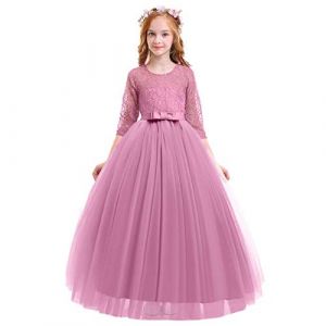 IWEMEK Enfants Fille Robe de Carnaval Princesse Longue en Dentelle avec Bowknot Demoiselle d'honneur Robe de Soir&eacute;e Mariage Robe de Premi&egrave;re Communion Anniversaire F&ecirc;te Photographie 3-4 Ans (IWEMEK, neuf)