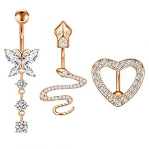 Mayhoop Piercing Nombril Acier Chirurgical Coeur Serpent Papillon CZ Inversé Piercing Nombril Naval Piercing Nombril Pour Femmes 16G 10mm Or Rose 3Pièces (Mayhoop, neuf)