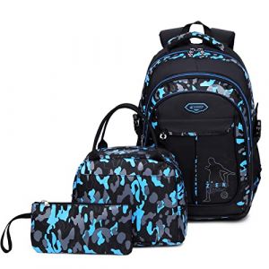 Sac a Dos Garcon, Cartable Camouflage Sets de Sacs Scolaires 3 en 1 Grande capacité Sac d Ecole École Intermédiaire Secondaire Sac Ecole College pour Enfant Adolescent Garcon Filles(Bleu) (IvyH, neuf)
