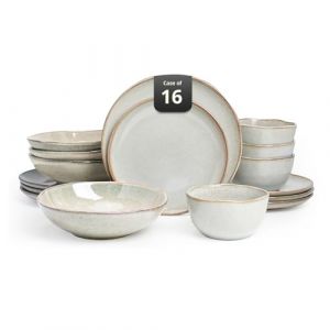Home VSS Highland Service de table 16 pi&egrave;ces pour 4 personnes, double bol, assiettes et bols en gr&egrave;s r&eacute;sistant aux rayures, passe au micro-ondes et au lave-vaisselle, vernis naturel r&eacute;actif, gris (Home VSS, neuf)