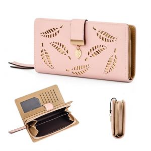 Portefeuilles et Porte-Cartes Femme Grand Format, Portefeuille &agrave; Boutons-Pression en Forme de Feuille, Porte Chequier Monnaie Femme Cuir Wallet, Portafoglio Donna, 11 Emplacements de Cartes (Rose) (xingyulong, neuf)