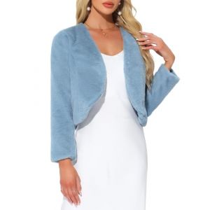 Allegra K Veste courte pour Femme en fausse fourrure à manches longues ouvert devant boléro d'hiver manteau Gris Bleu M (Weisser Berg, neuf)