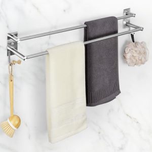 Porte Serviette Salle de Bain sans Per&ccedil;age 60CM Porte Serviette Double INOX Barre Porte Serviettes Murale Autocollant avec Crochets Support Serviette Salle De Bain Cuisine H&ocirc;tel (2 Couches, Argente) (Ballad, neuf)