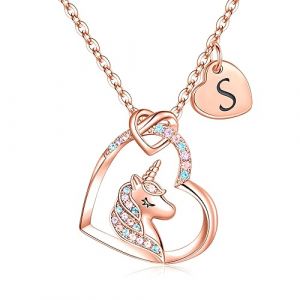 TINGN Cadeaux pour Filles Collier Licorne, Plaqu&eacute; Or Rose 14 Carats CZ Pendentif Coeur Colliers Licorne pour Filles Cha&icirc;ne Licorne Lettre S Collier Cadeau d'anniversaire Licorne pour Filles Bijoux (TINGN JEWELRY, neuf)