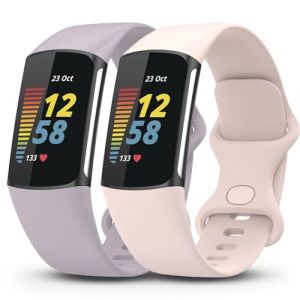 Garmcool 2 Pi&egrave;ces Bracelet de Montres Compatible avec Fitbit Charge 6 / Charge 5 Bracelet pour Femmer Hommes,Band de Souples R&eacute;glable Sport Silicone Remplacement/Lavande, Rose Sable, L (Garmcool, neuf)