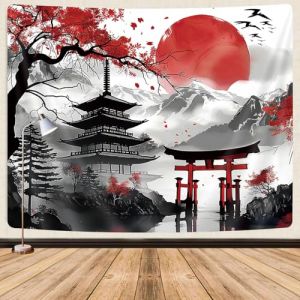 GOAOK Tapisserie d'anime japonais, fleur de cerisier japonaise, florale, montagne, soleil, asiatique oriental, art abstrait, tapisserie murale &agrave; suspendre pour homme, rouge et noir, grande tapisserie (Zhaolufangzhipin, neuf)
