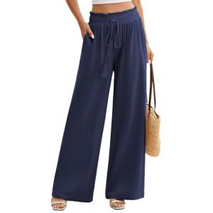 UMIPUBO Pantalon Lin Femme &Eacute;t&eacute; Coton Chanvre D&eacute;contract&eacute;s Large Pantalons Fluide Elegant Chic Taille Haute &Eacute;lastique Pantalon L&eacute;ger Jogging Pants de Plage avec Poches (Bleu Marine, L) (Bukely, neuf)
