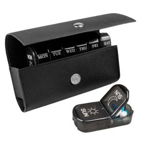 Pasdrucn Pilulier Semainier Matin Et Soir, Pilulier 7 Jours Matin Et Soir Avec Rangement En Cuir PU, Semainier Medicament 7 Jours 14 Compartiments, Pilulier Journalier 2 Fois Par Jour (Noir) (chugehai, neuf)