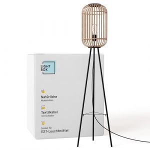 Lightbox Lampadaire avec abat-jour en rotin | Lampadaire tripode avec interrupteur à pied-poussoir comme décoration de chambre ou de salon | Douille E27 | Lampadaire en métal & bambou en noir & marron (Lightbox-Shop, neuf)