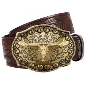 JasGood Ceinture de cowboy en cuir western pour homme et femme avec boucle Longhorn - Ceinture cow-girl grav&eacute;e florale vintage unisexe pour jean, marron fonc&eacute;, 140cm: Fit Taillengr&ouml;&szlig;e 120cm-130cm (JasGood Official Store, neuf)