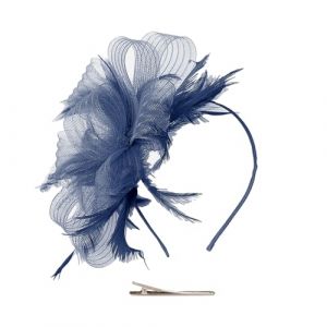 Bibi en maille et plumes pour &eacute;glise, th&eacute;, mariage, cocktail, f&ecirc;te pr&eacute;nuptiale, serre-t&ecirc;te, bibi &agrave; fleurs, pinces &agrave; cheveux pour bal de fin d'ann&eacute;e, bleu marine (Haifly, neuf)