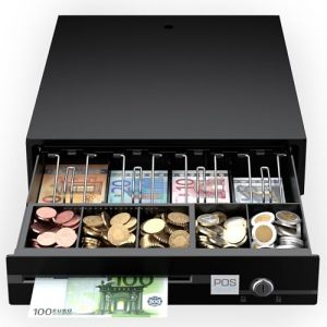 POS VALLEY Tiroir Caisse Monnaie Avec 4 Compartiments Billet / 5 Compartiments Monnaies (Euro), à ouverture automatique (via connexion RJ imprimante). 33x37 cm (POSVALLEY. COM, neuf)