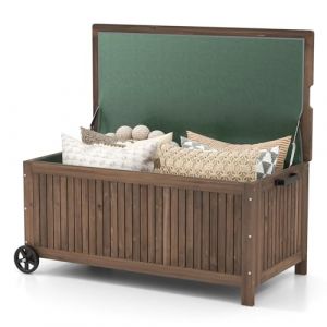 COSTWAY Coffre de Rangement en Bois de Sapin 213L avec Doublure Amovible Imperméable, Banc de Rangement Extérieur à Roulettes Charge 50KG pour Terrasse Jardin 114 x 58,5 x 51 cm, Marron (FDS GmbH, neuf)