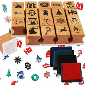HOWAF 24pcs de Tampons de No&euml;l En Bois Avec Tampon Encreur pour Enfants Filles Gar&ccedil;ons, No&euml;l Imprimer Tampons DIY Scrapbooking No&euml;l Artisanat Dessin pour Enfants Bricolage No&euml;l Cadeau Emballage Papier (dpkow, neuf)