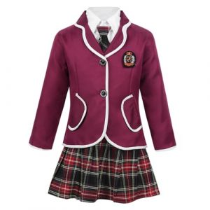 Yruioon Enfants Filles 4 Pi&egrave;ces Uniforme Scolaire &agrave; Manches Longues Blazer Veste avec Chemise Habill&eacute;e Mini Jupe &agrave; Carreaux Cravate Ensemble 4-14 Ans Bourgogne 12-14 Ans (Yruioon, neuf)