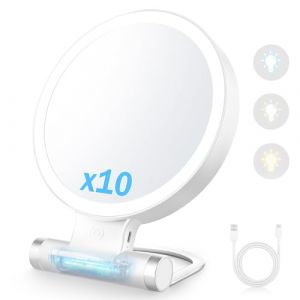 Euakee Miroir Grossissant Lumineux, 10x/1x, Miroir Grossissant Lumineux sur Pied Double Face 3 Couleurs 48 LED, Miroir de Maquillage Portable, Miroir Maquillage Grossissant Rechargeable (Euakee Trade, neuf)