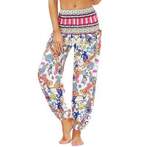 Nuofengkudu Femme Harem Pantalon Sarouel Thaïlandais Hippie Baggy Léger Boho Ethnique Smockée Taille Haute avec Poches Yoga Pants Été Plage(Y-Modèle A,Taille Unique) (better Life, neuf)