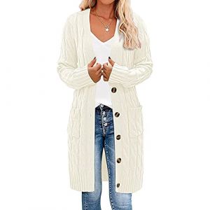Earnmore Cardigan Long &agrave; Manches Longues en Tricot torsad&eacute; Ouvert sur Le Devant avec Boutons pour Femme, Blanc, Taille S (INLIFT, neuf)