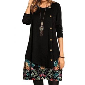 Onsoyours robe pour femme, style d&eacute;contract&eacute;, manches longues, col en V, pull, robe &eacute;l&eacute;gante, automne hiver, patchwork, coupe crayon, robes, tunique, sweatshirt, C Noir, XXL (Zeigood Mode, neuf)