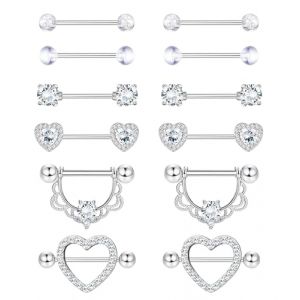 Diamday 6 Paires Piercing Teton pour Femme 316L Acier Chirurgical Langue Piercings 14G Piercing Tetons Hypoallerg&eacute;nique CZ Coeur Barbell de T&eacute;ton Mamelons Piercings Langue T&eacute;tons Femme (Diamday, neuf)
