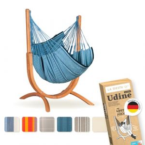 LA SIESTA&reg; - Chaise Suspendue Udine en Coton Biologique avec Support en Bois - Fait Main, ind&eacute;chirable - Fauteuil Suspendu Interieur avec Support en Eucalyptus certifi&eacute; FSC - Blue Zebra (LA SIESTA, neuf)