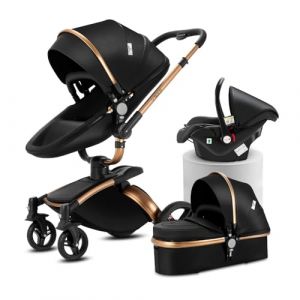 3 en 1 Poussette Bébé avec Siège Auto,Capote Réglable & Roues Amorties, Cadre en Alliage d'Aluminium(Noir) (HanYong baby products, neuf)