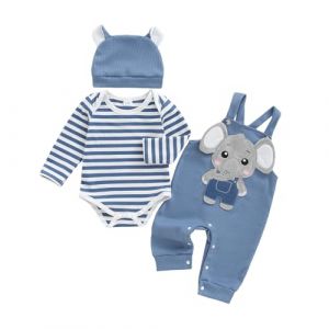 Dazzerake Ensemble B&eacute;b&eacute; Gar&ccedil;on 3 Pi&egrave;ces Tenue B&eacute;b&eacute; Gar&ccedil;on Barboteuse Ray&eacute;e Salopette Brod&eacute;e Chapeau V&ecirc;tement Automne Hiver pour Gar&ccedil;ons 0-18 Mois (Bleu, 9-12 Months) (gaokana, neuf)