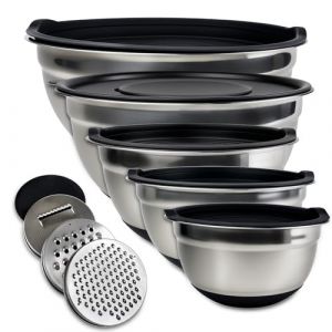 LUMITERRA Lot de 5 Cul de Poule Inox avec Couvercle, 1L, 1.5L, 2L, 3L, 4.5L, Bowl de M&eacute;lange avec 3 R&acirc;pes, Saladier Empilables, Antid&eacute;Rapant, R&eacute;sistant, Lavable au Lave Vaisselle, pour Cuisine (SNON NICA S.R.L., neuf)