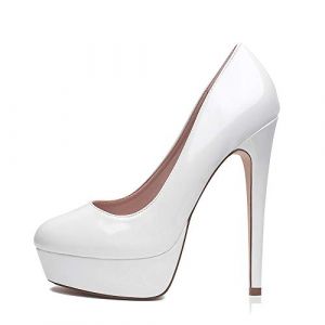 Zhabtuc Escarpins Femme Plateformes Talons Aiguille 14CM Bout Rond Fermé Vernis High Heels Party Soirée Mariage Chaussures Talons Hauts, Blanc, 42 EU (Tiance, neuf)