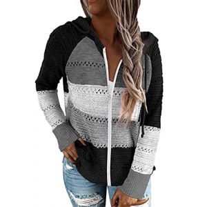 GOLDPKF Pull Femme Chic et Elegant Hoodie Sweat zippé Grande Taille Automne Leger Tendance en Maille Mariniere a Carreaux Bleu M (GOLDPKF, neuf)