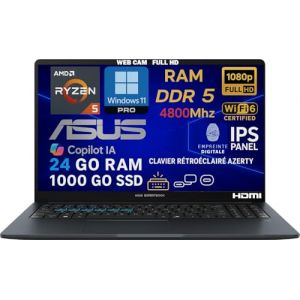 ASUS Ordinateur Portable AMD Ryzen 5 7535HS 6 Cœurs 4.5GHz, RAM 24Go DDR5, SSD 1To, Écran 15.6" FHD IPS, WiFi 6E, Copilot IA, Webcam 1080p, Clavier AZERTY Rétroéclairé, Empreinte Digitale, Win 11 Pro (Vida Électronique, neuf)