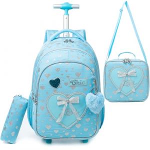 HTgroce Cartable Fille Primaire Roulette CE2, Cartable Primaire Sac Trolley avec Sac Repas Trousse à Crayons Sac à Dos à Roulette Cartable Fille ce1 (Lldaily EUR, neuf)