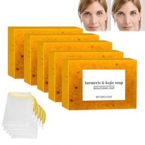 Savon au curcuma et à l'acide kojique Menuha, savon nettoyant au curcuma et au citron, savon au curcuma, savon éclaircissant au curcuma, savon blanchissant pour la peau avec filets à bulles (5 pcs) (Fuhandianzi, neuf)