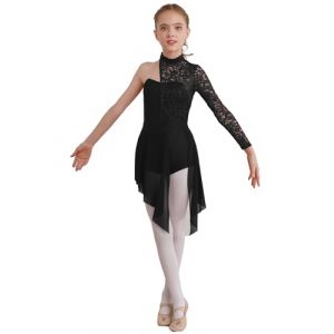 TTAO Enfant Fille Robe Ballet Danse Classique Asymétrique Une Manche Longue Justaucorps Gymnastique Dentelle Léotard Jazz Latine Robe Sport Patinage Dancewear 5-16 Ans Noir D 13-14 Ans (TTAOSHOP EU, neuf)