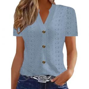 Chemisiers Et Blouses Femme Tunique Chemisier Femme Manche Courte Chic Et &Eacute;L&eacute;Gant Chemises Couleur Unie &Eacute;T&eacute; Ample Haut Top &agrave; Revers L&acirc;Che Respirant Blouse Grande Taille Col V Button T Shirts (⭐⭐⭐⭐⭐5.0 Yaair-OEF, neuf)