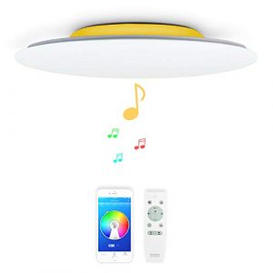36W Φ40cm Abat-jour blanc Musique Plafonnier LED avec Haut Parleur Bluetooth,luminaire couleur changeante avec Telecommande,lustre enceinte bluetooth for Salon Salle de bain Cuisine Chambre Enfants (Chysongoods Store, neuf)
