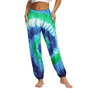 Nuofengkudu Femme Hippie Sarouel Harem Thai Pantalon Poches Boho Fleuri Print Taille Haute Baggy Casual Plage Leger Yoga Pants (Vert A,Taille Unique) (better Life, neuf)