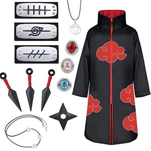 JMOCD Déguisement Akatsuki Itachi Hidan Costume Adulte Enfant Cape, Akatsuki Tenue Manga Cosplay Bandeau Bague Collier Accessoires Carnaval Homme Femme Fille Garcon Halloween (XS) (ocd mall, neuf)