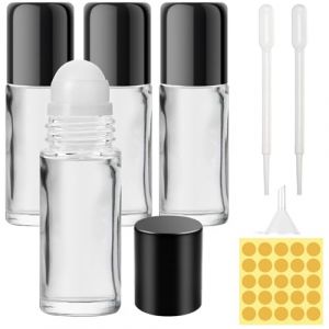 Furuising 4Pcs 30ml Roll on Huiles Essentielles, Flacon Roll on Vide en Verre, Flacon Roller D'huiles Essentielles avec Compte-gouttes, Autocollant pour Aromathérapie, Huiles, Parfum (Furuising, neuf)