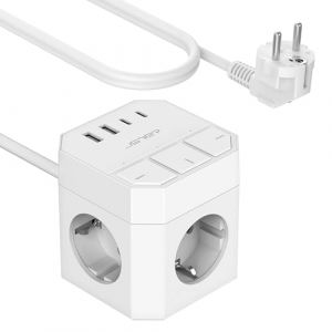 JSVER Bloc Multiprise avec 3 Prises Interrupteur Individuel, Multiprise Cube avec 4 Ports USB Chargeur(2A+2C) 7 in 1 Prise Multi Multiprise Electrique pour la Maison Le Bureau ou la Cuisine,2M-Blanco (JsverDirect, neuf)