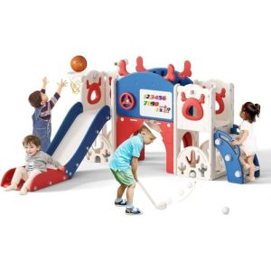 Toboggan pour enfant, grand toboggan avec panier de basket, cadre d'escalade pour le jardin, t&eacute;lescopique, espace de rangement (toboggan d'&eacute;lan 7 en 1 - bleu et rouge) (Maksimshopco, neuf)