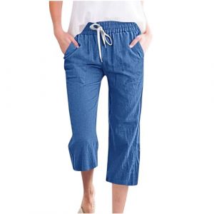 Pantalon Fluide Femme &Eacute;t&eacute; Fluide Coton Lin Taille Haute Elastique D&eacute;contract&eacute;s Pantalons Mode Chanvre Confortable Jogging Plage R&eacute;tro Pants L&eacute;ger Respirant Pantalon avec Poches Pas Cher (⭐⭐⭐⭐⭐5.0 Yaair-OEF, neuf)