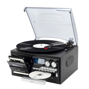 9-en-1 Platine Vinyle avec Bluetooth, Tourne-Disque à 3 Vitesses avec Haut-parleurs intégrés et Prise Audio de 3,5 mm, CD/Cassette, Radio AM/FM, USB/SD/MMC, Noir Solide (K Audio, neuf)