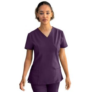Stenso Nobby Blouse Medicale Femme - Tenue Infirmiere Professionnelle Blanche &Eacute;quip&eacute;e Col en V, Manches Courtes, Fentes Lat&eacute;rales, Trois Poches, Mat&eacute;riau &Eacute;lastique et Stretch Confiture Violette L (STENSO, neuf)