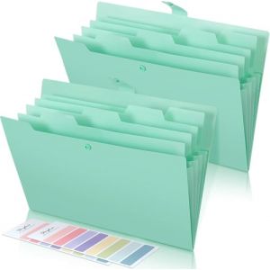 SKYDUE Lot de 2 trieurs à soufflets, système de classeur, porte-documents A4, avec étiquettes, classeur à levier avec 5 compartiments, pour bureau, école (vert) (SKYDUE-EU, neuf)