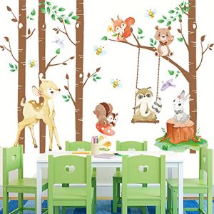 Runtoo Stickers Muraux Grand Arbre Bouleau Forêt Autocollant Mural Cerf Ourson Renard Deco Stickers Chambre Enfants Bébé Fille Garçon Salon Décoration (Decalplanet-EU, neuf)