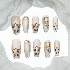 Sun&Beam Nails Ongles artificiels faits main Long Coffin Ballerine à coller en Beige nude Beige nude Doré Imprimé léopard Strass Français design avec autocollants – 10 pièces (#202 S) (Sun&Beam FR, neuf)