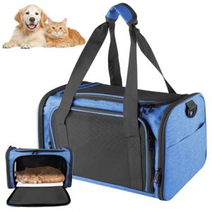 GOEDCH Sac de transport pour chat et chien : petit sac de transport pliable pour chien et chat Bo&icirc;te de transport respirante avec bandouli&egrave;re pour voiture, avion et voyage 40 x 25 x 25 cm (bleu) (SOCARE PRODUCTS LIMITED, neuf)